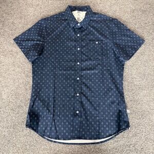 7Diamonds‎ Mens Short Sleeve Button Up Shirt Small Navy Blue Geometric Stretch